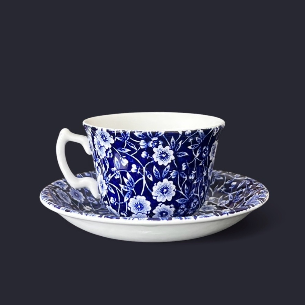 VINTAGE Calico Burleigh Staffordshire Blue Floral Cup and Saucer England